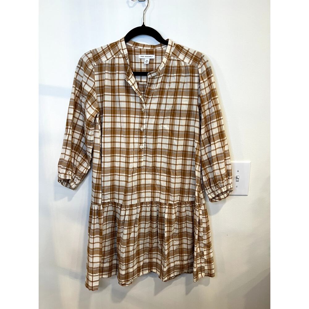Free Assembly Plaid Mini Dress XS Brown Cream Tiered Cotton Casual Boho Prairie